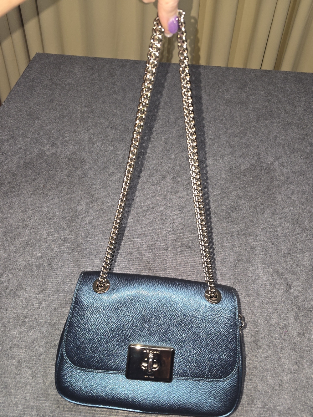 Coach Cassidy F38073 Metallic Teal Blue Leather Chain Crossbody Shoulder Bag